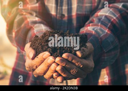 Mano di sostegno maschio nel suolo le mani per la semina con copia spazio per inserire il testo. Foto Stock