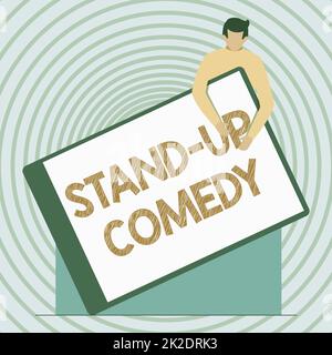 Esposizione concettuale Stand Up Comedy. Concetto che significa comico esecuzione parlando di fronte al pubblico dal vivo Gentleman Drawing Holding Un enorme Clipboard vuoto. Foto Stock