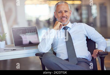 HES ha creato un'azienda di successo. Ritratto di un uomo d'affari maturo seduto alla sua scrivania in un ufficio. Foto Stock