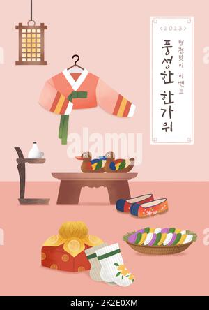 Chuseok, giorno di ringraziamento coreano tradizionale cornice tradizionale illustrazione di sfondo festivo Foto Stock