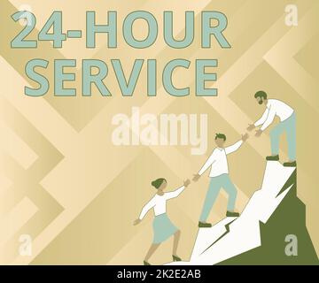 Didascalia di testo con servizio 24 ore su 24. Servizio di concetto del Internet che è disponibile in qualunque momento e solitamente ogni giorno i colleghi che arrampicano verso l'alto la montagna che raggiunge il successo che presenta il lavoro di squadra. Foto Stock