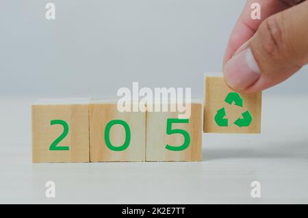 Cubo di legno con 2050 netto zero e carbonio neutro concetto. Foto Stock