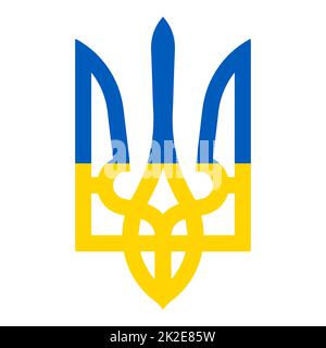 Tridente giallo-blu - illustrazione vettoriale. Il piccolo stemma dell'Ucraina - tryzub è uno dei tre simboli ufficiali dello stato. Emblema nazionale ucraino - Trident in colori bandiera nazionale. Foto Stock