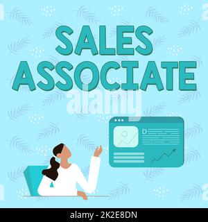 Didascalia di testo che presenta l'addetto alle vendite. Parola per il compito principale è vendere l'azienda s è prodotto o servizio disegno della linea per la signora seduta che presenta le nuove idee con lo schermo del browser di fotoricettore Foto Stock