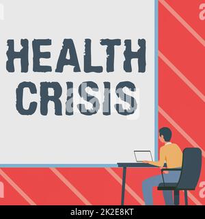 Ispirazione mostrando segno Salute crisi. Business vetrina problemi di fitness che colpisce l'uomo in aree più geografiche uomo seduto Poltrona utilizzando laptop posto sul tavolo con grande lavagna vuota. Foto Stock