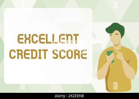 Testo che mostra ispirazione eccellente punteggio di credito. Parola per numero che valuta un consumatore s è creditworthiness uomo Illustrazione usando il mobile e la visualizzazione della conversazione di bolla di voce. Foto Stock