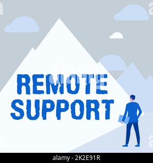 Testo che mostra Inspiration Remote Support. Business Concept aiuta gli utenti finali a risolvere problemi e problemi del computer da remoto Gentleman in Suit Standing Holding notebook di fronte a Tall Mountain Range. Foto Stock