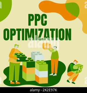 Scrittura visualizzazione testo ottimizzazione PPC. Foto concettuale miglioramento della piattaforma dei motori di ricerca per pay per click colleghi visualizzati Cubo che rappresenta il lavoro di squadra discutere progetto futuro. Foto Stock