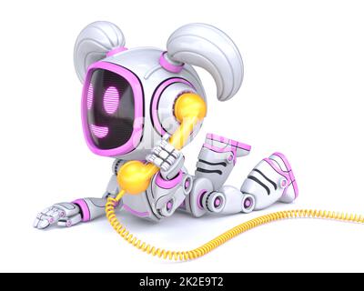 Cute rosa ragazza robot che tiene retro telefono 3D Foto Stock