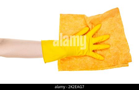 mano in guanto giallo pulisce con grande straccio giallo Foto Stock