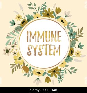 Segno che mostra il sistema immunitario. Concetto che significa sistema di difesa ospite comprendente molte strutture biologiche cornice di testo circondata da cuori e foglie di fiori assortiti. Foto Stock