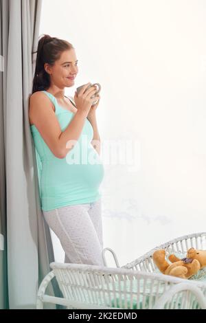 Presto questa stanza con essere riempito di amore. Scatto corto di una giovane donna incinta attraente in piedi nella sua stanza delle ragazze. Foto Stock