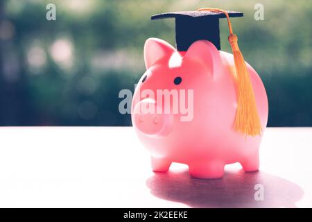 Risparmiare denaro monete in Piggy banca e tappo di laurea, Business finanza concetto di formazione. Foto Stock