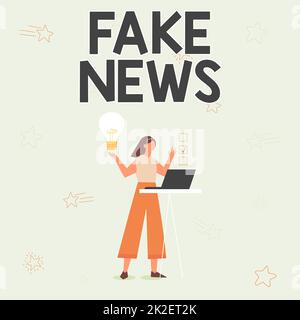 Firma che mostra Fake News. Parola scritta su False Unsubstantated Information Hoax Illustrazione di ragazza che usa il laptop che ha idee e fare checklist. Foto Stock