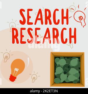 Segno di testo che mostra Ricerca. Business Concept lavoro creativo e sistematico preso per aumentare la conoscenza luce incandescente lampadina disegno in scatola visualizzazione di nuove scoperte. Foto Stock