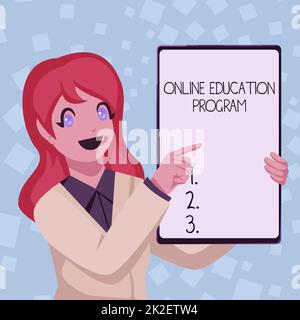 Didascalia concettuale programma di formazione online. L'idea di affari che impara a distanza che si basa sul disegno della donna di affari del Internet che tiene bianco bordo che presenta gli annunci Foto Stock