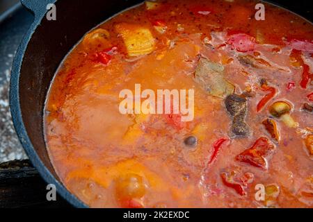 Il goulash del bollitore è preparato sopra un fuoco aperto! Foto Stock