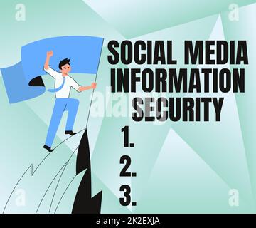 Cartello di testo che mostra la sicurezza delle informazioni sui social media. Concetto del Internet attento nell'uso dei servizi multimediali l'uomo su Un disegno della montagna fiero del suo successo di arrampicata alle nuvole. Foto Stock