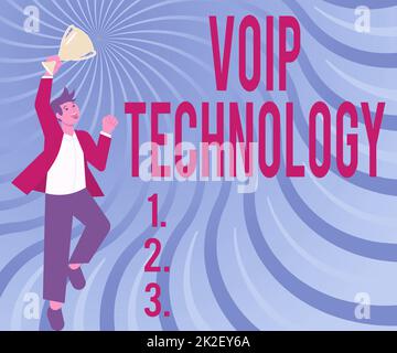 Cartello con la visualizzazione della tecnologia VoIP. Business idea VoIP tecnologia Gentleman Jumping eccitatamente Holding Trophy mostrando i risultati. Foto Stock