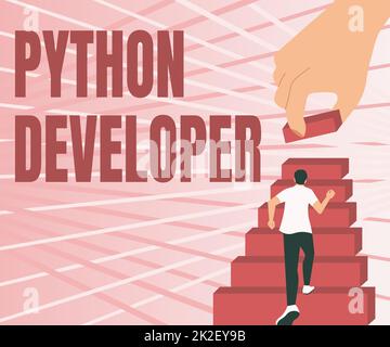 Segno che mostra Python Developer. Idea di business responsabile per la scrittura serverside web application logica Gentleman arrampicata su scala caso cercando di raggiungere gli obiettivi che definiscono i progressi. Foto Stock