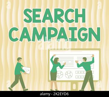 Campagna di ricerca delle didascalie concettuali. Metodo di idea di affari di disposizione degli annunci in linea sulle pagine di fotoricettore colleghi che disegnano in piedi accanto al grafico di proiezione della tabella Foto Stock