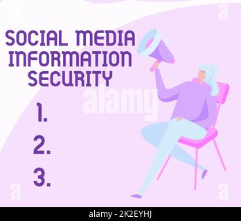 Visualizzazione concettuale Social Media Information Security. Concetto di Internet attento nell'uso dei servizi multimediali Donna disegno Holding Megaphone seduta su una sedia gambe incrociate. Foto Stock