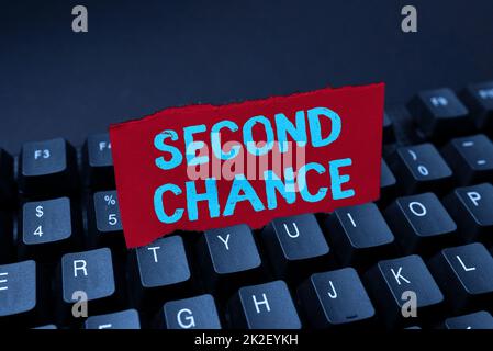 Segno che visualizza Second Chance. Approccio aziendale dando un altro scatto impegnato di nuovo a impresa di affari entrando nuovo concetto chiave di prodotto, digitando il software di sottotitoli di film Foto Stock