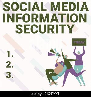 Scrittura visualizzazione testo Social Media Information Security. Parola scritta su attento nell'uso dei servizi multimediali Donna Drawing seduto Megaphone fare annuncio. Foto Stock