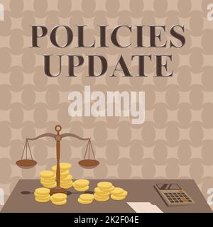 Aggiornamento dei criteri dei segni di scrittura a mano. Business showcase atto di aggiungere nuove informazioni o linee guida formulate bilancia circondata da monete calcolo conteggio Mortgages finanziari. Foto Stock