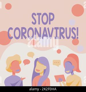Didascalia di testo con Stop Coronavirus. Business concetto di campagna di consapevolezza della malattia lotta per ridurre i COVID19 casi felici amici che parlano tra loro avere conversazione divertente. Foto Stock