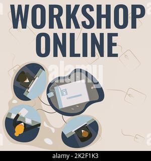 Testo che mostra l'Inspiration Workshop Online. Word for Workshop colleghi online che hanno un incontro d'ufficio che condividono pensieri che mostrano un nuovo piano di progetto. Foto Stock