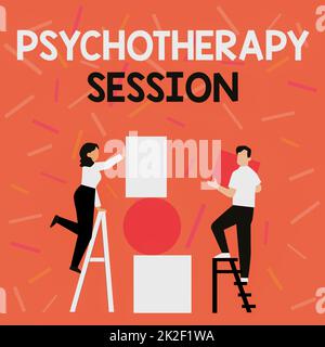 Mostra segno sessione di Psicoterapia. Parola per i trattamenti che possono aiutare con i problemi di salute mentale Coppia di disegno usando la scaletta che mette le cornici vuote grandi ad Una parete. Foto Stock