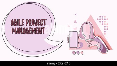 Didascalia di testo che presenta Agile Project Management. Metodologia di gestione dei concetti Internet dalla tecnologia tradizionale a quella moderna Line Drawing for Lady Holding Phone Presentazione di nuove idee con Speech Bubble. Foto Stock