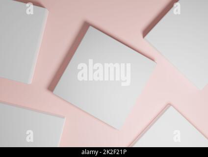 Pastello, rosso chiaro, rosa salmone, 3D rendono minimal, semplice vista dall'alto piatto fondo espositore prodotto con podium stand e forme geometriche Foto Stock