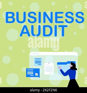 Visualizzazione concettuale Business Audit. Business showcase esame del rapporto finanziario di un'organizzazione Donna arrangiamento browser Storia, editing Organizzazione Online file Foto Stock