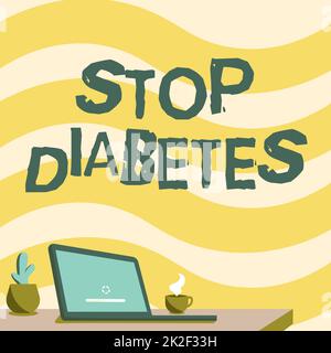 Ispirazione che mostra il segno Stop Diabetes. Approccio aziendale il livello di zucchero nel sangue è superiore al normale Inject Insulin Office Desk Drawing with laptop Pen Holder and a Open and arrangied Foto Stock