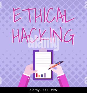 Testo che mostra ispirazione Etical Hacking. Concetto che significa atto di individuare i punti deboli e le vulnerabilità di computer Business associate Holding Clipboard documentare i rapporti con Pen. Foto Stock