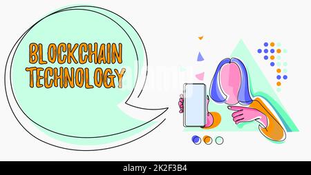 Tecnologia Block Chain della didascalia concettuale. Business Concept Ledger digitale memorizzato in una rete distribuita linea disegno per Lady Holding Telefono presentare nuove idee con Speech Bubble. Foto Stock