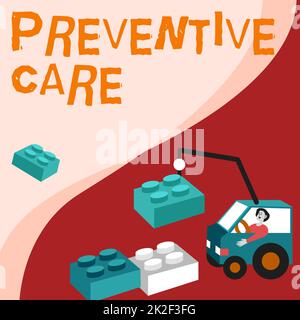 Ispirazione che mostra il segno di cura preventiva. Business Concept Health Prevention Test diagnostici Medical Consultation Man in Crane muovendosi intorno blocchi presentando nuove idee. Foto Stock