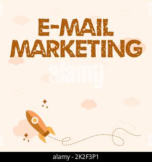 Presentazione concettuale e-mail marketing. Parola scritta sull'invio di un messaggio commerciale ad un gruppo di mostrare usando la posta Rocket Ship che lancia Fast Straight fino allo spazio esterno. Foto Stock