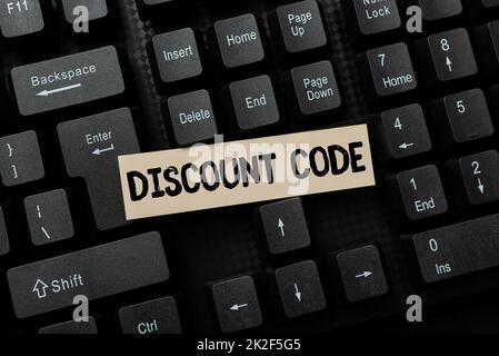 Segno che mostra il codice sconto. Panoramica aziendale per ridurre il prezzo di un prodotto con un voucher personalizzato creazione di un messaggio di commento sui social media, digitando domande divertenti e risposte Foto Stock