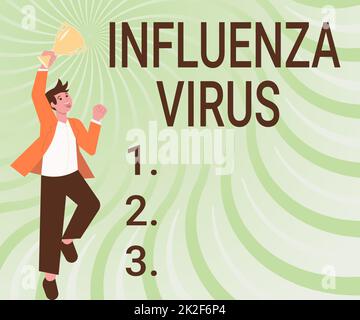 Scrittura a mano del testo influenza Virus. Business Concept una malattia infettiva causata da un virus influenzale Gentleman Jumping eccitatamente Holding Trophy mostrando risultati. Foto Stock