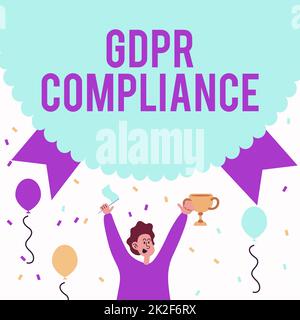 Ispirazione che mostra il segno di conformità GDPR. Panoramica aziendale protezione e privacy dell'Unione europea mostrando Man Holding Trophy celebrare la performance circondato da palloni. Foto Stock