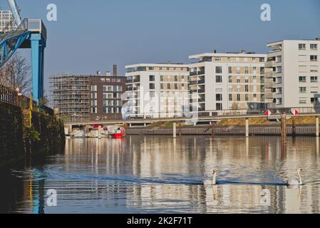 Vivere sul lato del fiume, nuovo paradiso Offenbach, architettura e sito di costruzione Foto Stock