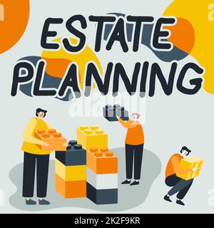 Scrittura a mano segno Estate Planning. Business Concept la gestione e la dismissione di quella persona è colleghi immobiliari visualizzati Cubo in rappresentanza del lavoro di squadra discutere progetto futuro. Foto Stock