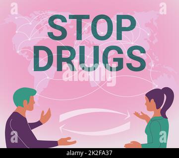 Didascalia concettuale Stop Drugs. Internet Concept porre fine alla dipendenza da sostanze come eroina o cocaina due compagni di squadra che discutono di nuove idee World Map Brainstorming New Solutions. Foto Stock