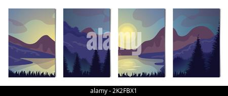 Set di 4 pezzi paesaggi di montagne e foreste - Vector Foto Stock