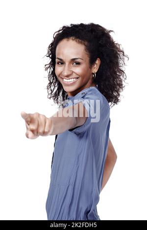 La sua positività è infettiva. Studio ritratto di una giovane donna sorridente isolato su bianco. Foto Stock