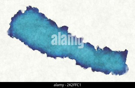 Mappa del Nepal con linee tracciate e illustrazione dell'acquerello blu Foto Stock