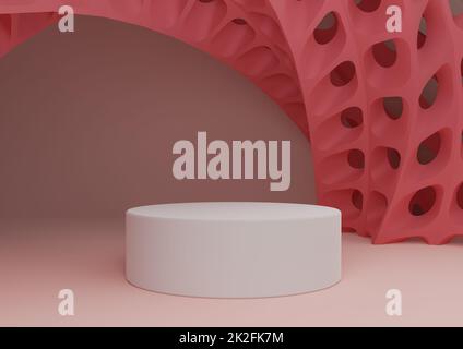 Pastello, rosso chiaro, rosa salmone 3D rendering display prodotto con cilindro stand o podio e futuristico astratto forme geometriche sfondo moderno minimo modello di composizione Foto Stock
